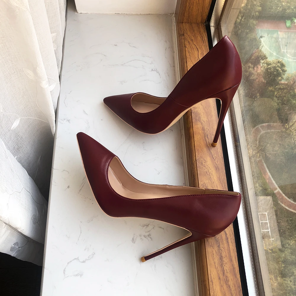 Tikicup Burgundy Matte Women Elegant Pointy Toe High Heel Formal Dress Shoes OL Slip On Stiletto Pumps 8cm 10cm 12cm Size 33-45