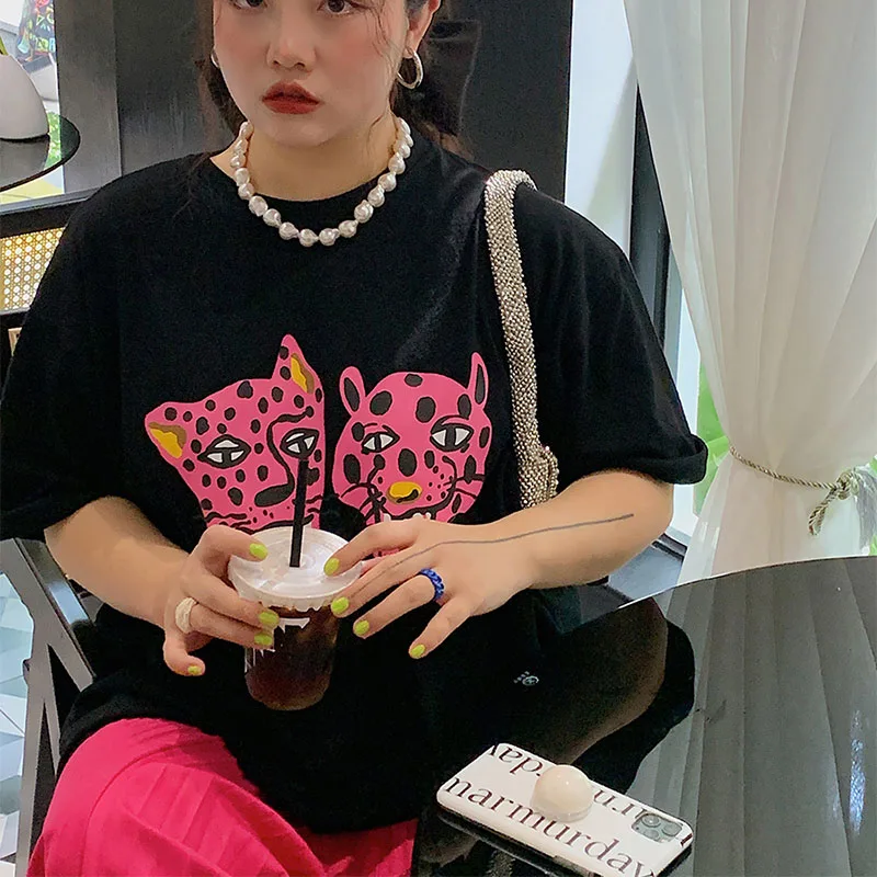 Kpop Pink Leopard Printing Women Summer Street Fashion Black T Shirts Short Sleeve Loose Cotton Tops 90s Y2K Tee Shirts