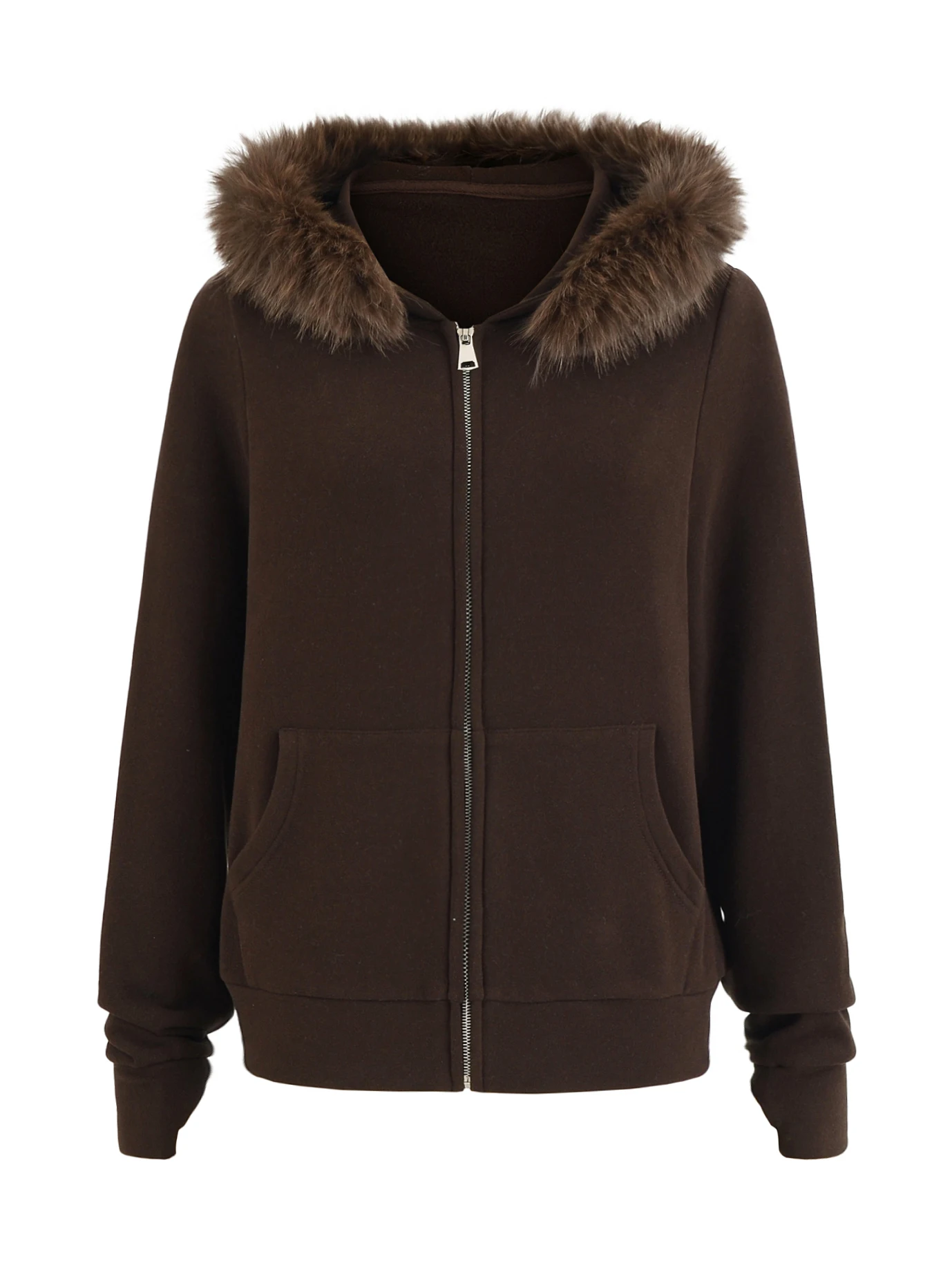 Felpa con cappuccio casual retrò americana da donna cappotto cardigan aperto con cerniera dimagrante allentata collo in pelliccia staccabile lungo Sve