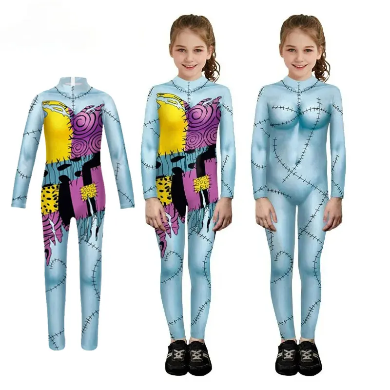 Halloween Sally Print Boy Girl Cosplay Costume Catsuit Long Sleeve Party Jumpsuit Sally Carnival Zentai Bodysuit Dress Up Outfit