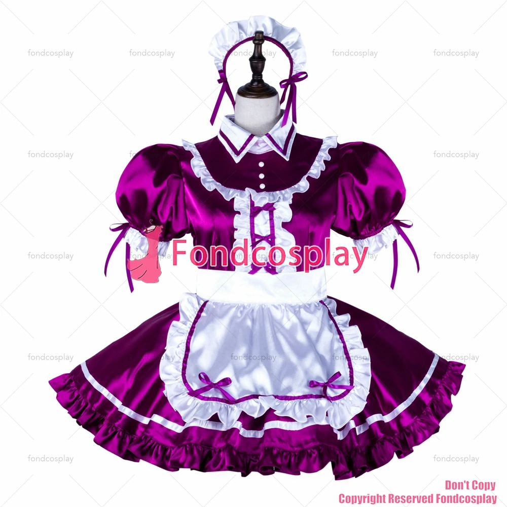 fondcosplay adult sexy cross dressing sissy maid Purple satin dress lockable Uniform white apron costume CD/TV[G2251]