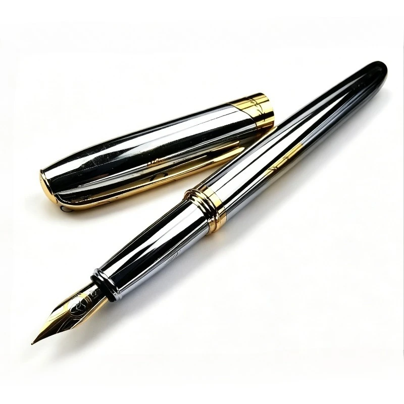 

Перьевая ручка LIQIN из серебристой нержавеющей стали с двухцветным позолоченным пером, профессиональная, для тренировок и преподавателей, с медными чернилами