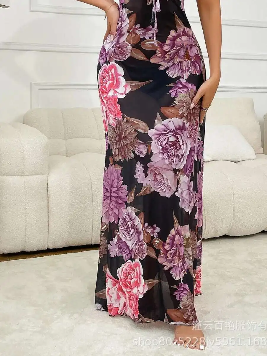 Słodkie długie sukienki Gorące seksowne koreańskie topy damskie 2025 Nowa szata Seksowna sukienka na ramiączkach Elegancka koszula nocna z nadrukiem Nowy różowy kwiat TJY2