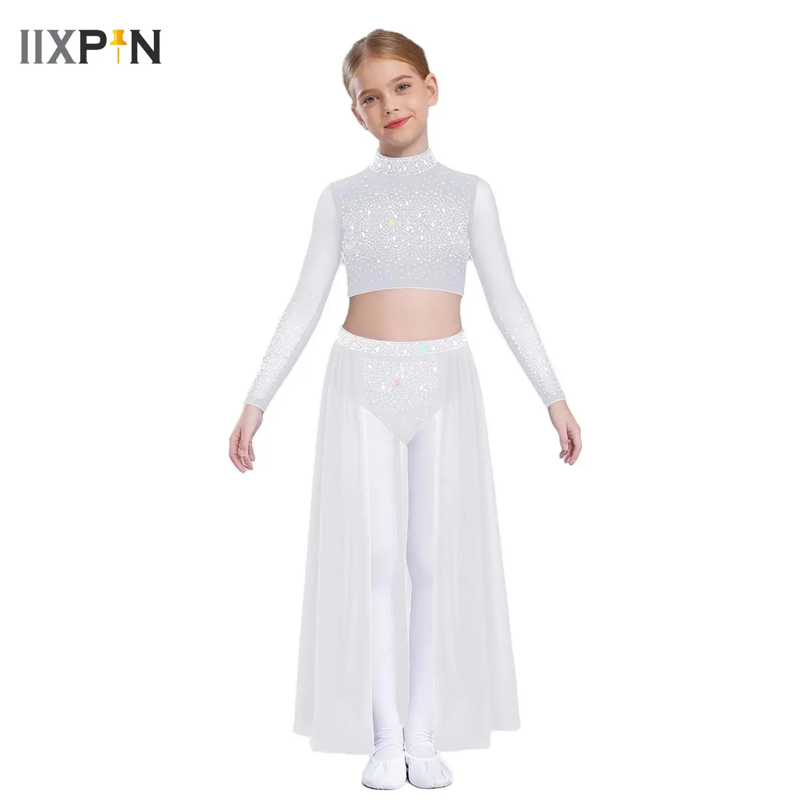

Girls Lyrical Dance Set Rhinestones Crop Top with Open Front Flowy Mesh Leotard Skirt Modern Contemporary Competition Dancewear