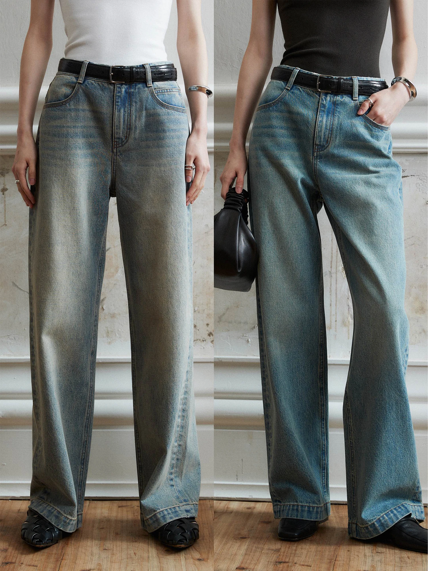 

MRS Studios Тонкие прямые джинсы длиной до пола с тяжелой талией, длинные брюки с застежкой-молнией