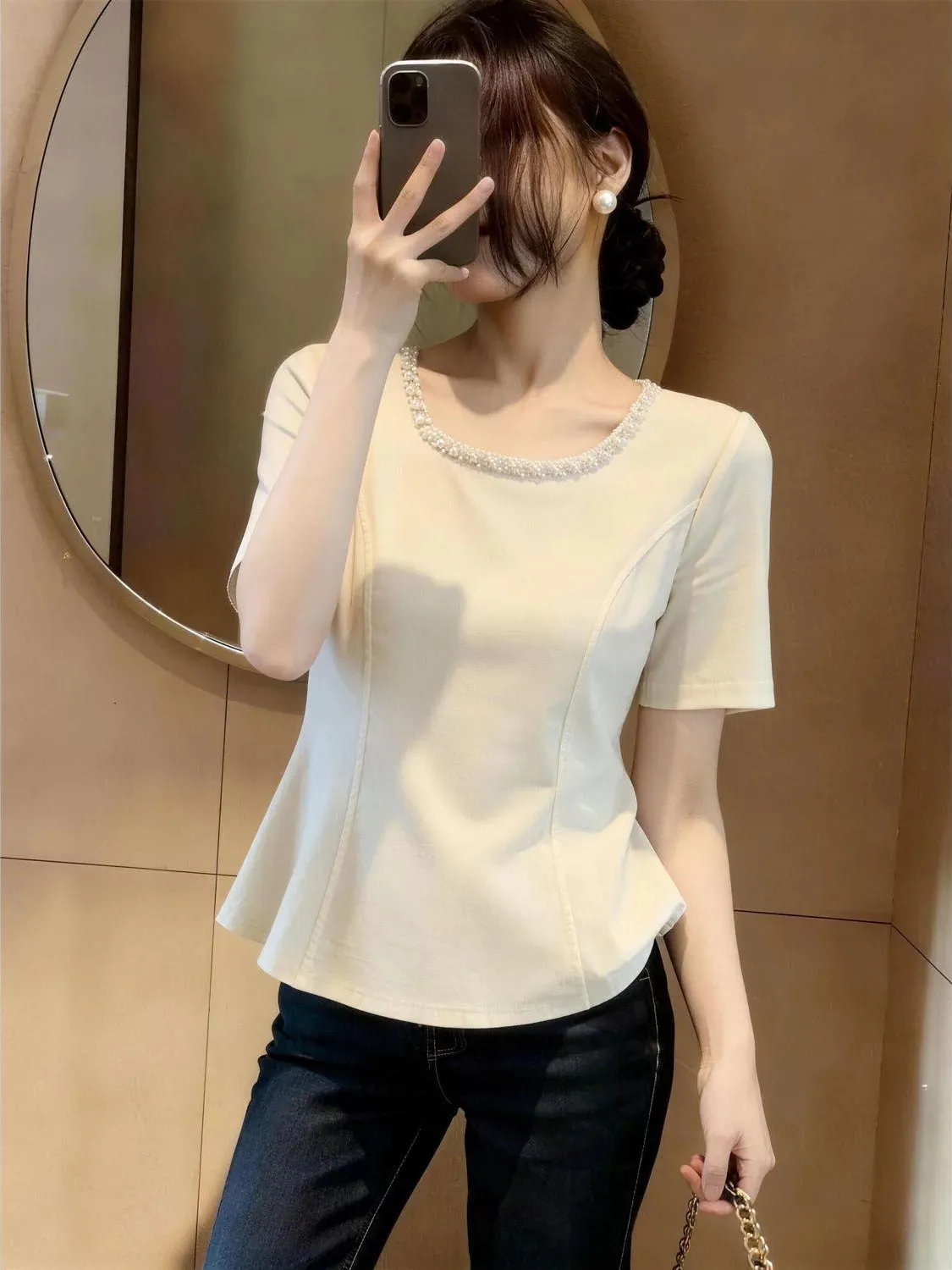 Slimming Short Sleeve T-Shirt Women's Summer plus Size Heavy Embellishment Casual Style Casual Wind Pear Shape Loose Fit Beau...