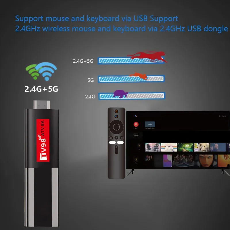 Tv98 atv 8k tv stick all winner h618 quad core android 14 hdr10 8k 4k 3d wifi6 2,4g & 5,8g bt 5,0 sprach fernbedienung iptv smart tv box