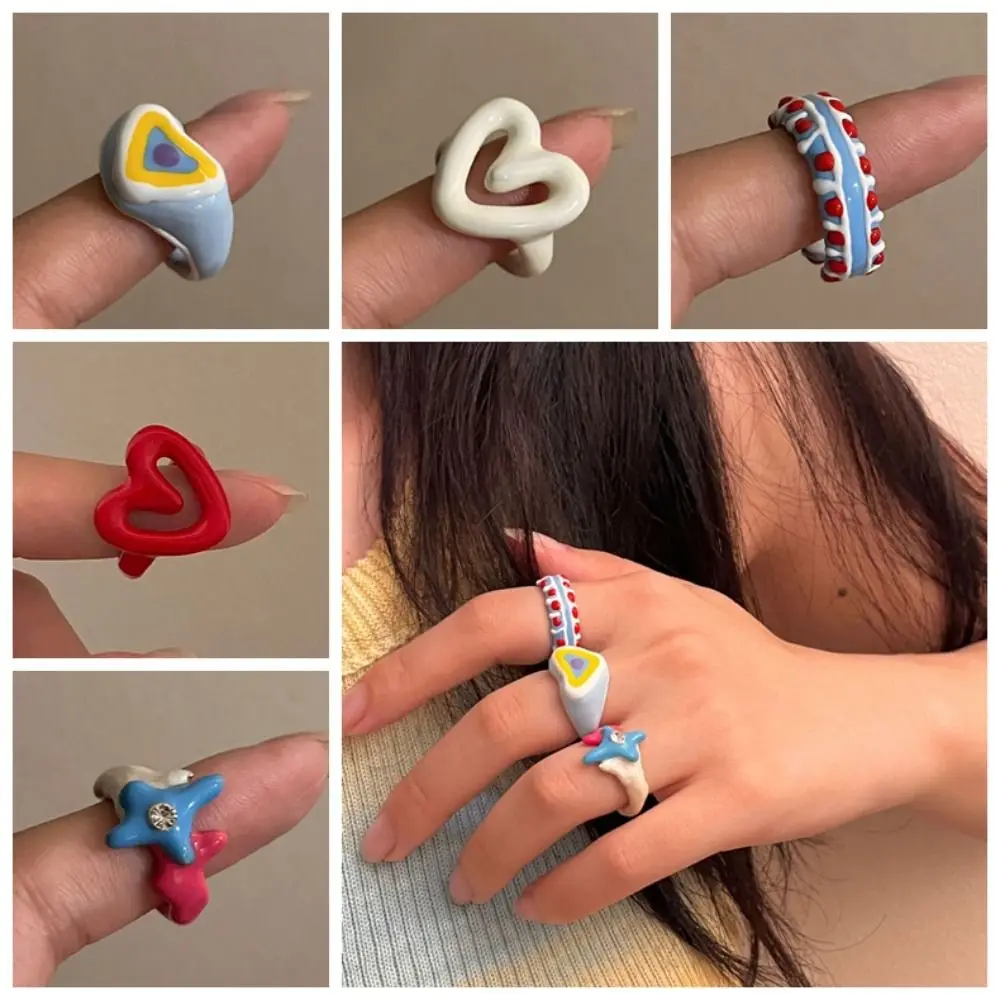 

Creative Y2K Enamel Heart Ring Korean Style Alloy Dripping Oil Finger Buckle Chunky Jewelry Minority Design Geometric Ring Women