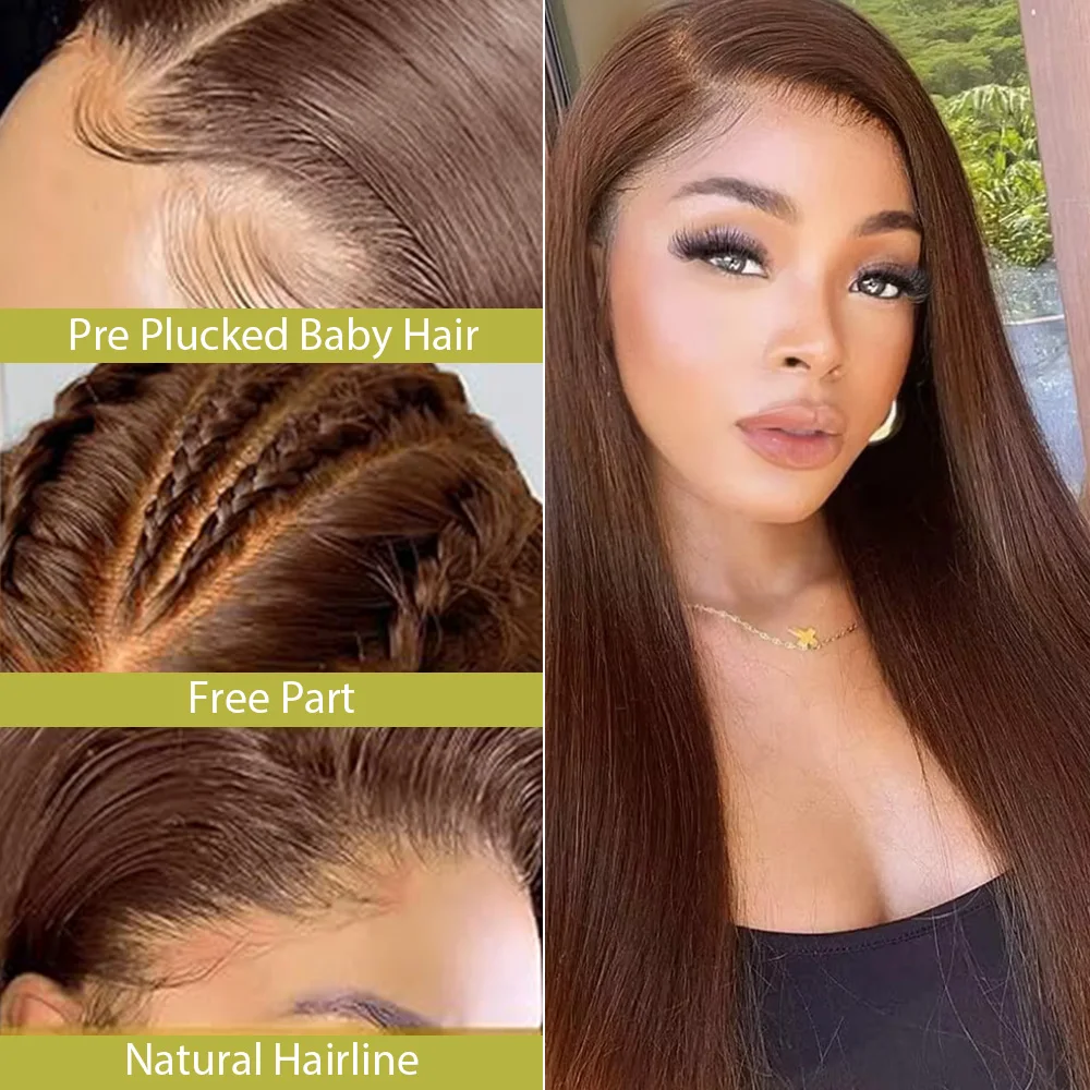 30 36 Inches Chocolate Brown Lace Front 100% Human Hair Wig Pre Plucked Dark Brown Bone Straight 13x4 13x6 HD Lace Frontal Wigs image 2