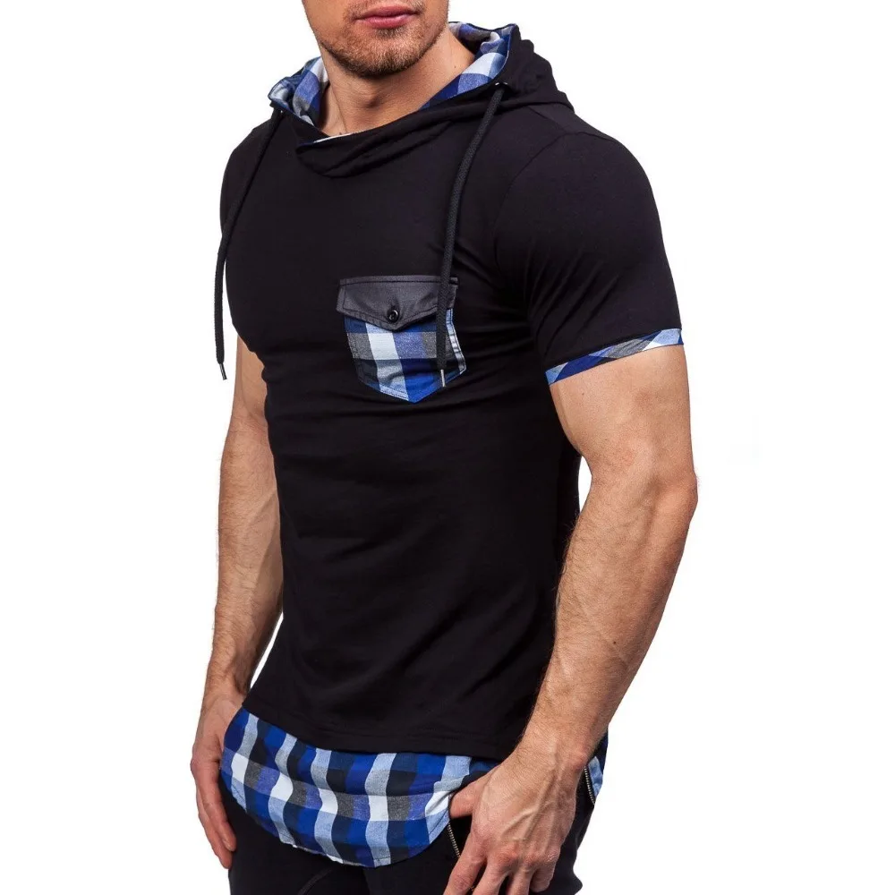 Summer Men\'s Youth Plaid Stitching Hooded Short-sleeved Slim Pullover Sweater