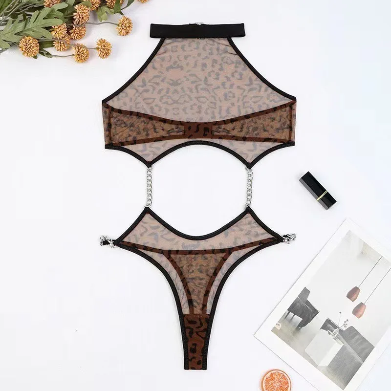 Setelan Lingerie Seksi Tornova untuk Wanita Jumpsuit Punggung Terbuka Menggoda Seks Rantai Logam Perspektif Cetak Macan Tutul Seksi Pembentuk Tubuh Baru