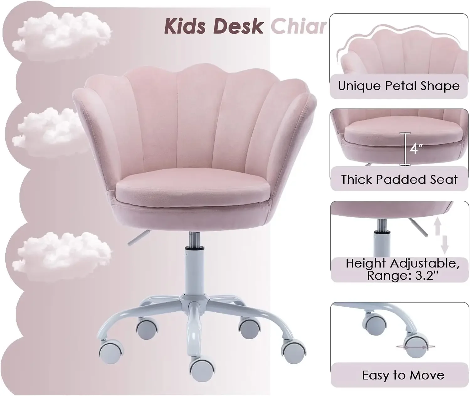 Kids Desk Chair,Velvet Bedroom Chair Adjustable Child Computer Chair Swivel Shell Vanity Chairs for Girls Bedroom/Study Roo