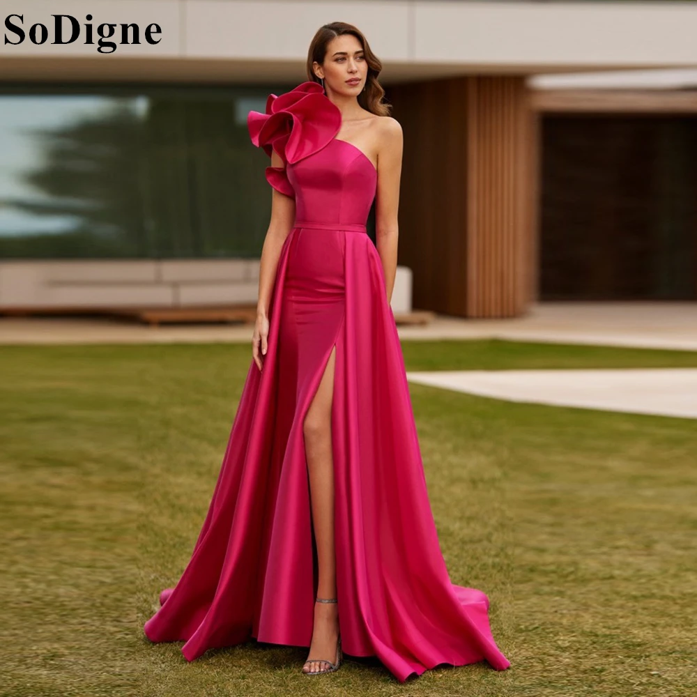 

SoDigne Elegant Fuchsia Evening Dresses Ruffles One Shoulder Draped Side Slit Party Dress Detachable Train Prom Gowns for Women