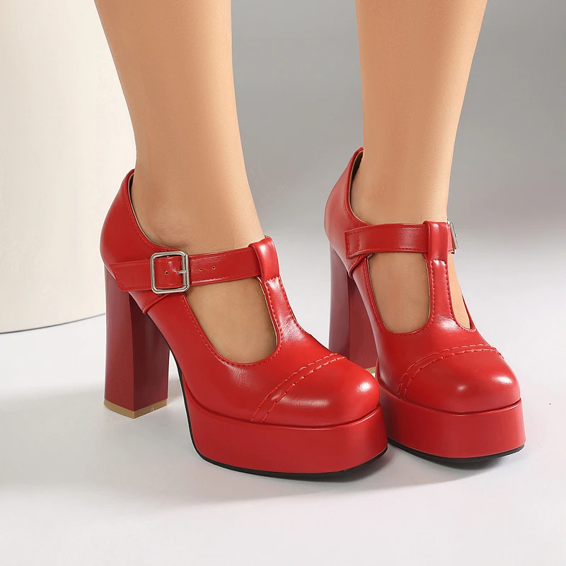 Big Size 40 41 42 43 Autumn New Retro T-strap Buckle Pumps Shoes Round Toe Women Platform Super High Heels Dress Footwear White