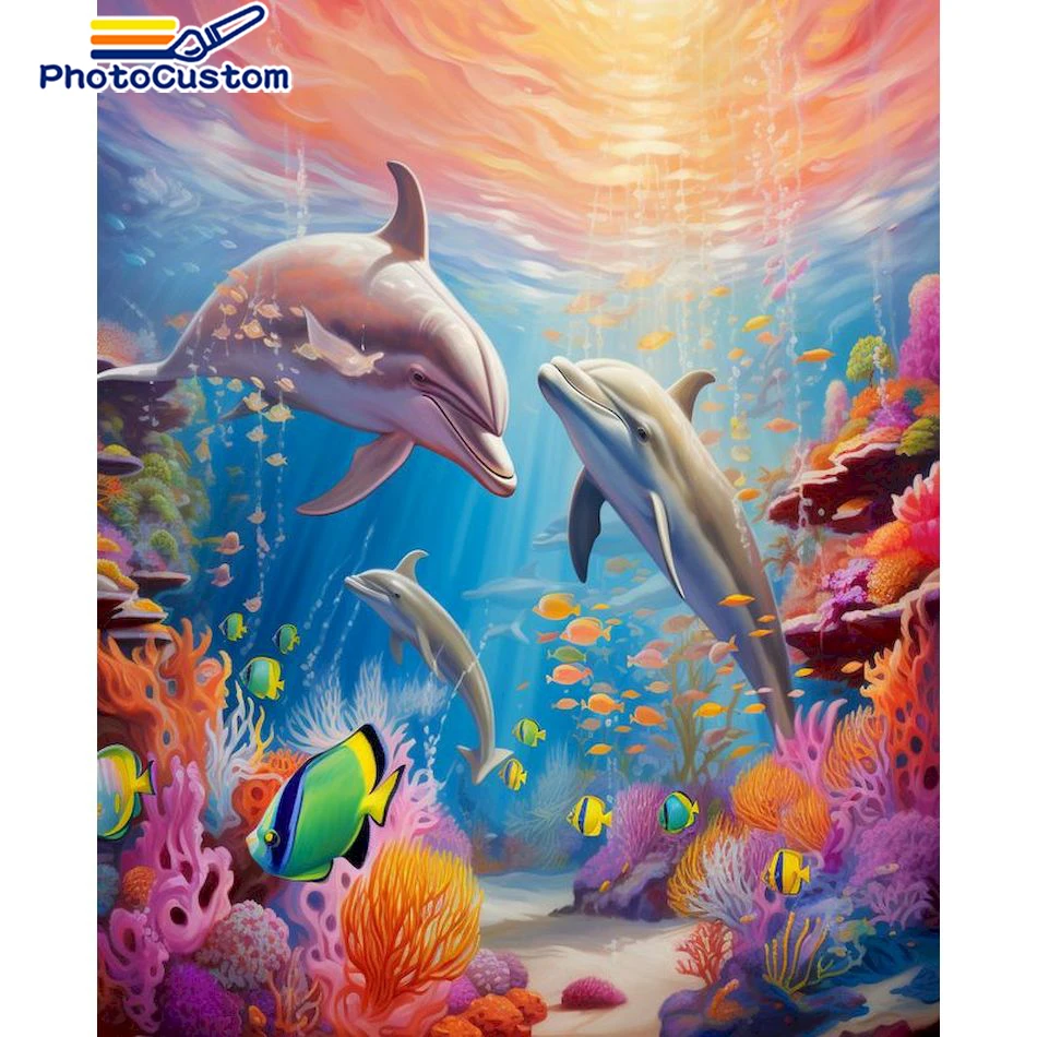 

PhotoCustom Diamond Painting Kit Dolphin Full Round Diamond Embroidery Mosaic Art Home Decoration Adults Diamond Kits 30x40cm