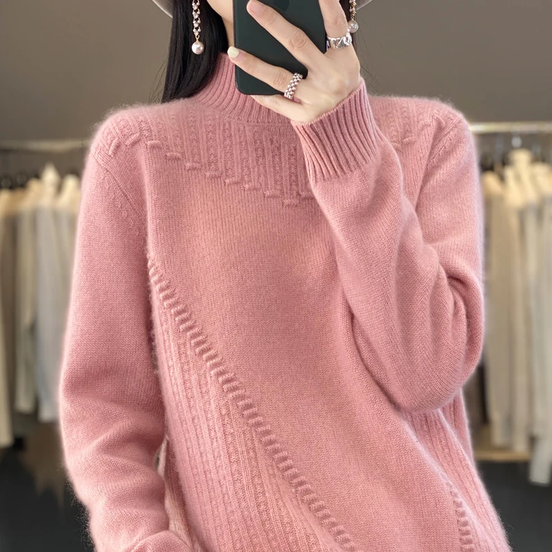 New women\'s semi-turtleneck pullover in autumn and winter 100% Merino wool knitted top thickened casual loose cashmere sweater