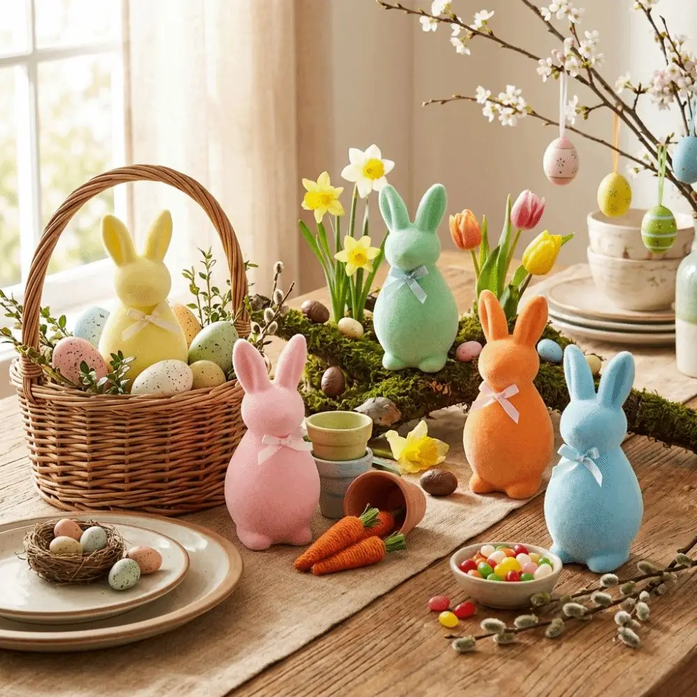 Spring Decor Foam Flocked Rabbit Figures Solid Color Easter Bunny Statue with Bow 3D Standing Rabbit Gnome Tabletop Ornament