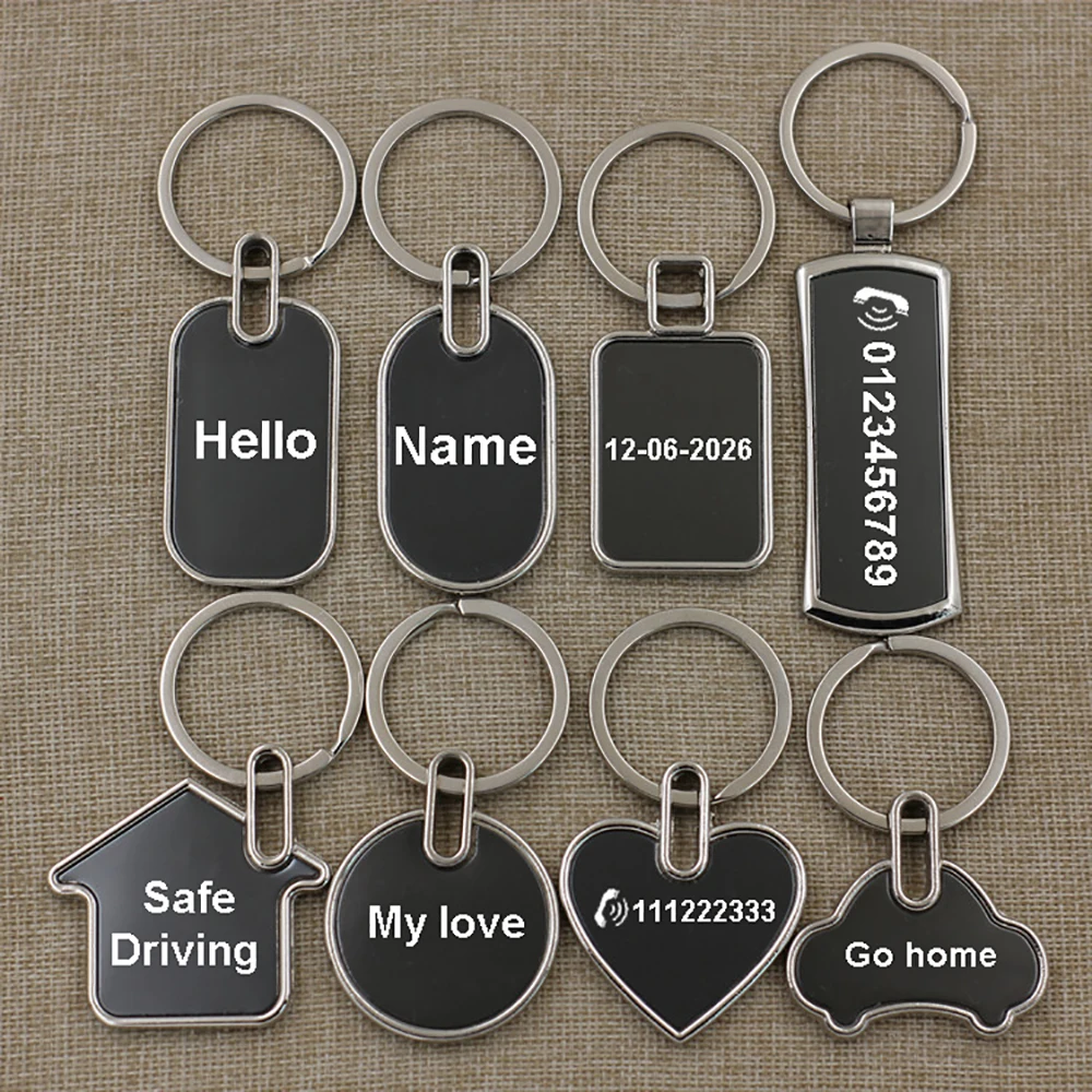 Custom Key Rings Black Metal Keychain Personalized Phone Number Name Date Square Round House Car Keychain Holiday Birthday Gift