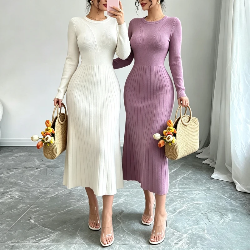 Women Knit Sweater Maxi Dress Long Sleeve Round Neck Elastic Slimi Bodycon Dress Elegant Party Casual Ladies Knitted Dress
