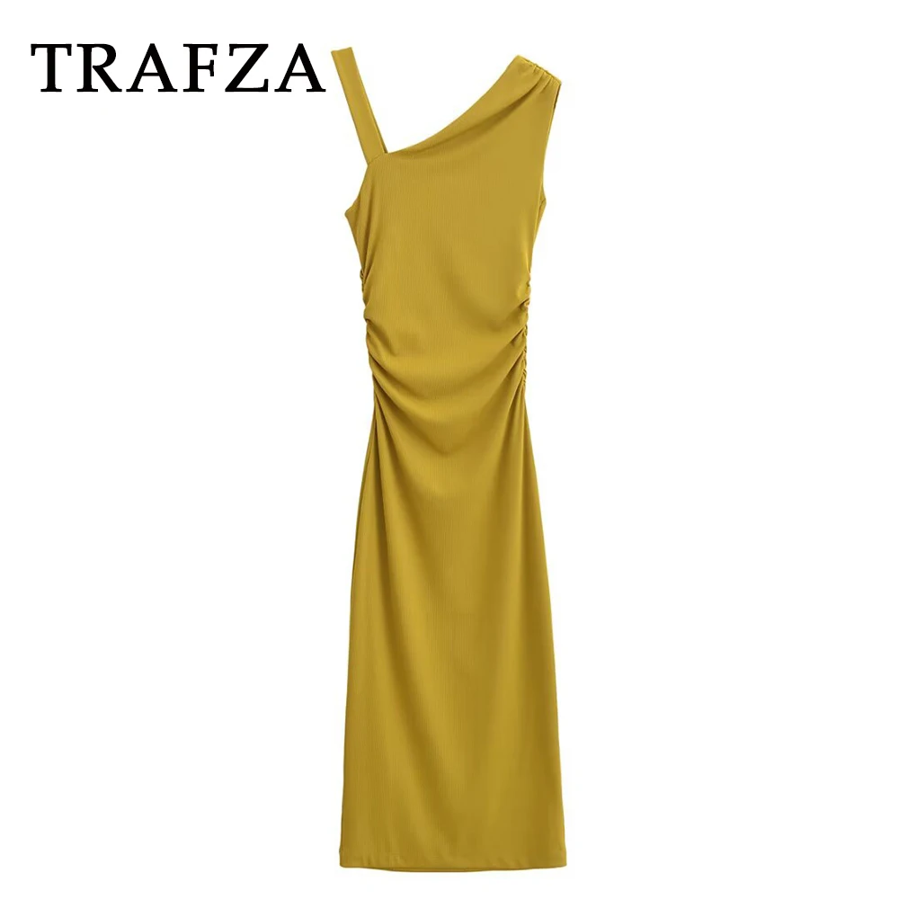 

TRAFZA Fashion 2025 Spring Solid Folds Women’ Dress Asymmetrical Slim Long Vestido Casual Draped Simple Female Midi Dress