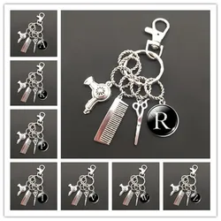 A-Z letter hair dryer key chain hairdresser gift comb scissors car key ring accessories jewelry gift hairdresser key chain