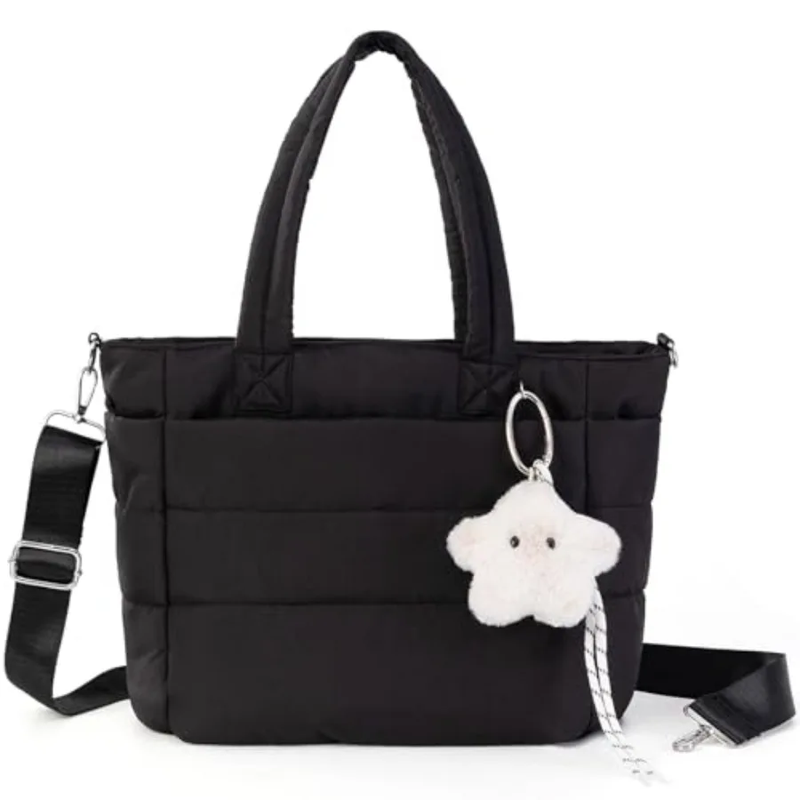 

Puffer Tote Bag for Women: Lightweight Quilted Bag with Plush Star Charm, Adjustable Strap for Work and Travel