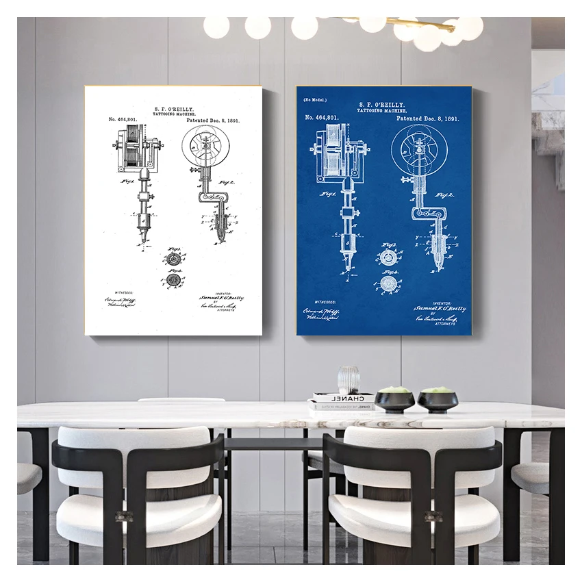 Tattoo Parlor Wall Art Canvas Painting Posters Decor Vintage Blueprint Picture Decorations First Machine Patent Prints