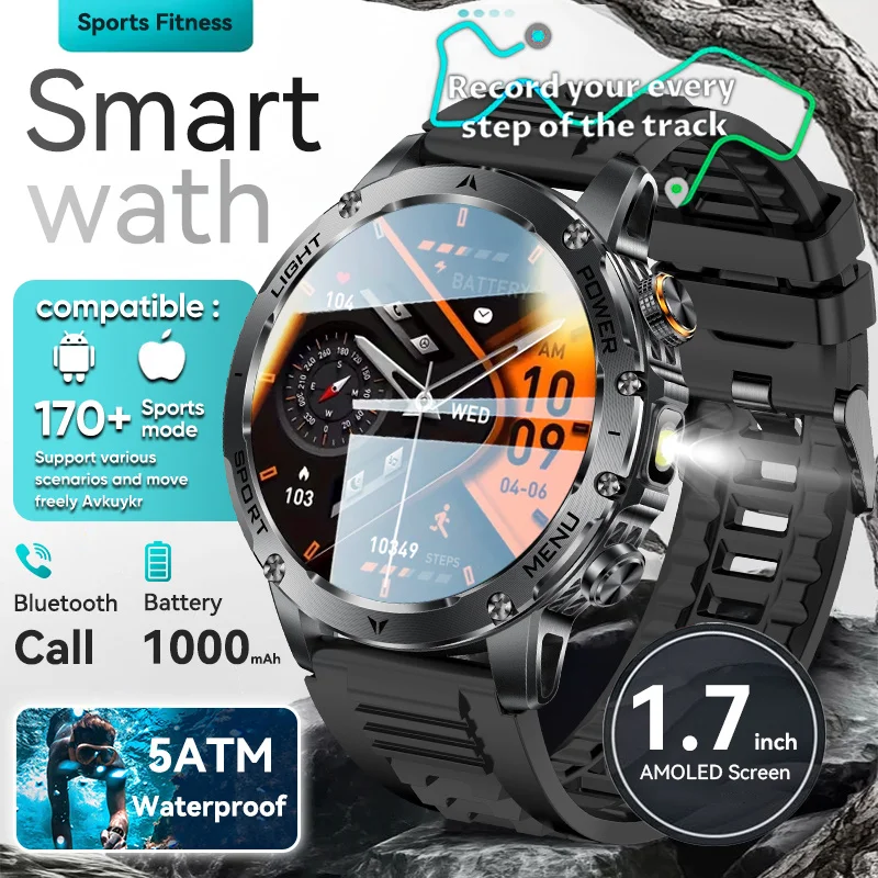 

2025 Новые 1000 мАч AMOLED Смарт-часы для мужчин 170 + Спортивный Фитнес Светодиодный Фонарик 5 АТМ Водонепроницаемый Bluetooth-вызов GPS трек Smartwatch iOS