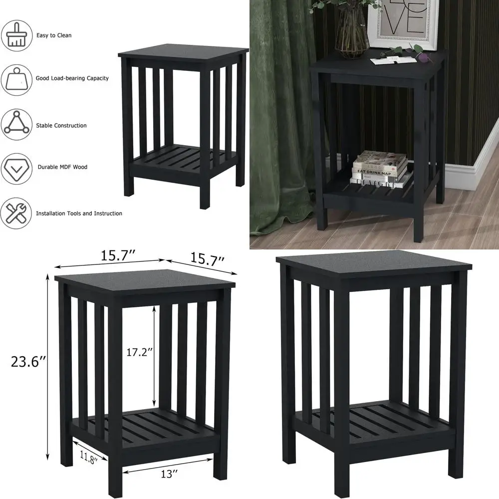 

Modern Black Slim Square End Table with Open Shelf for Living Room, Bedroom, Office