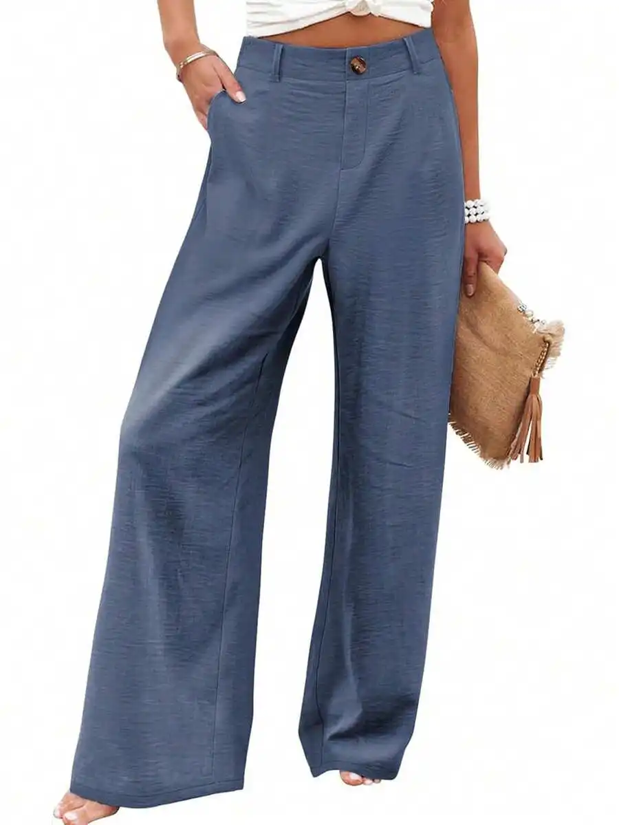 

Womens Cotton Linen Wide Leg Trousers High Waist Casual Button Up Pants