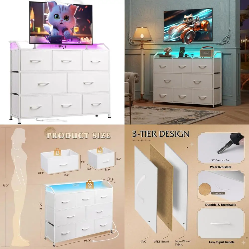

LED-lit Bedroom Dresser with TV Stand and Power Outlet, Wide Storage Chest for Hallway, Fabric Dressers for Living Room and Entr