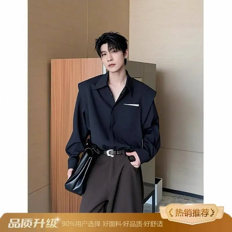 

Men's Shirts Fake Two-Piece Shirt - White Padded Shoulder, High-End Fashion, Korean Style Long-Sleeve, Trendy Designer Top