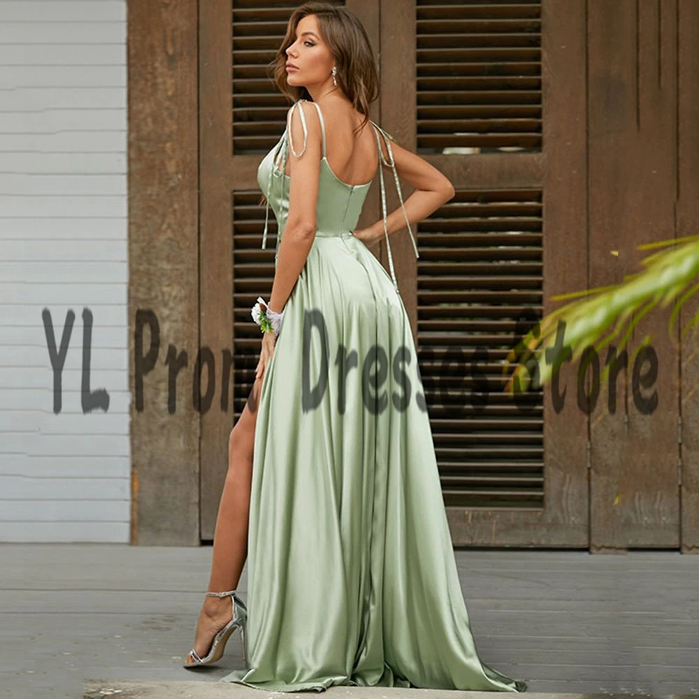 YL Elegant Dresses For Women Bow Spagheiti Straps Satin A-Line Evening Party Gowns With Front Slit Sweep Train Bridesmaid Dress