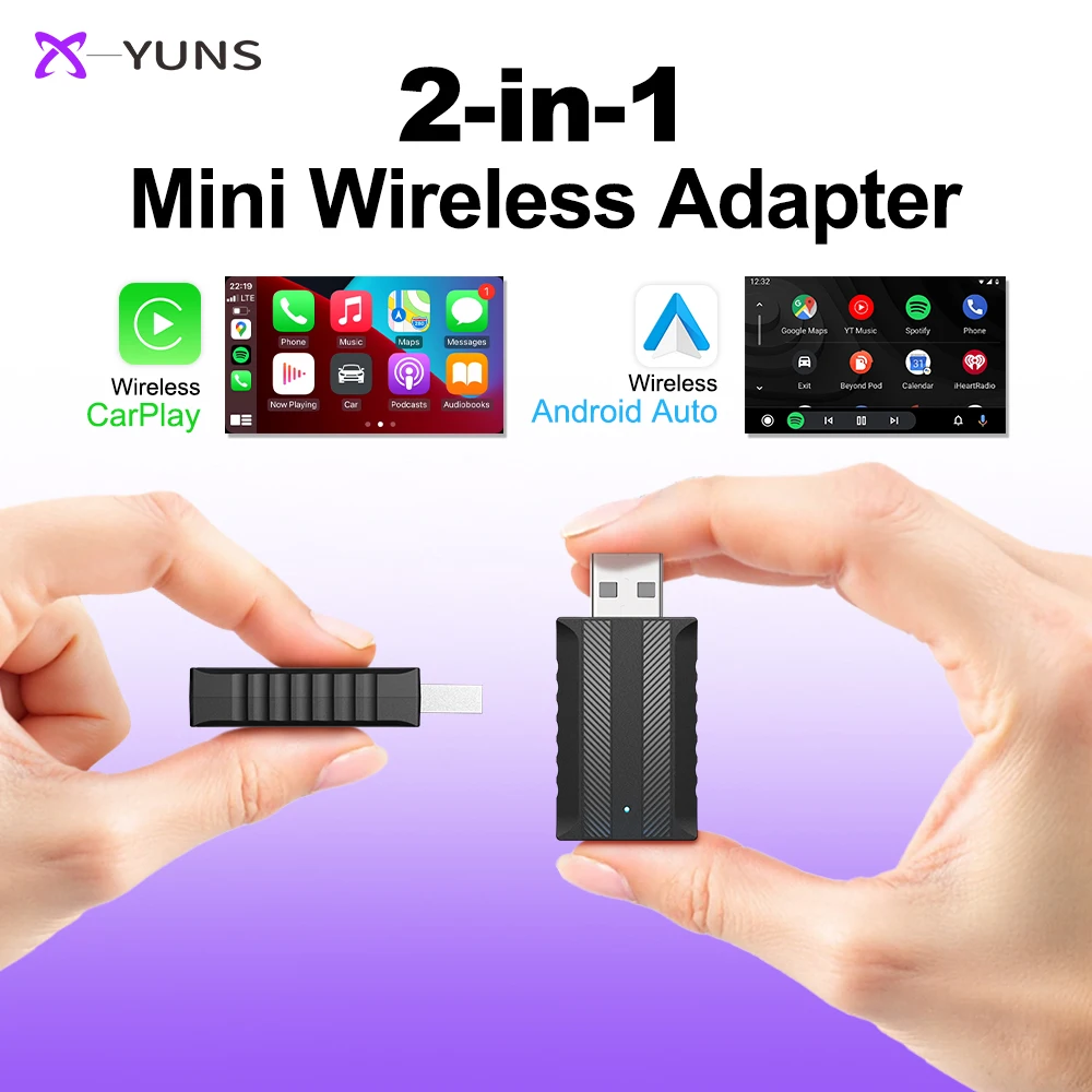 X-YUNS 2026 2 In 1 Wired to Wireless CarPlay and Android Auto Mini Adapter 5GHz WiFi5 for 99% Original Wired CarPlay/Auto Cars
