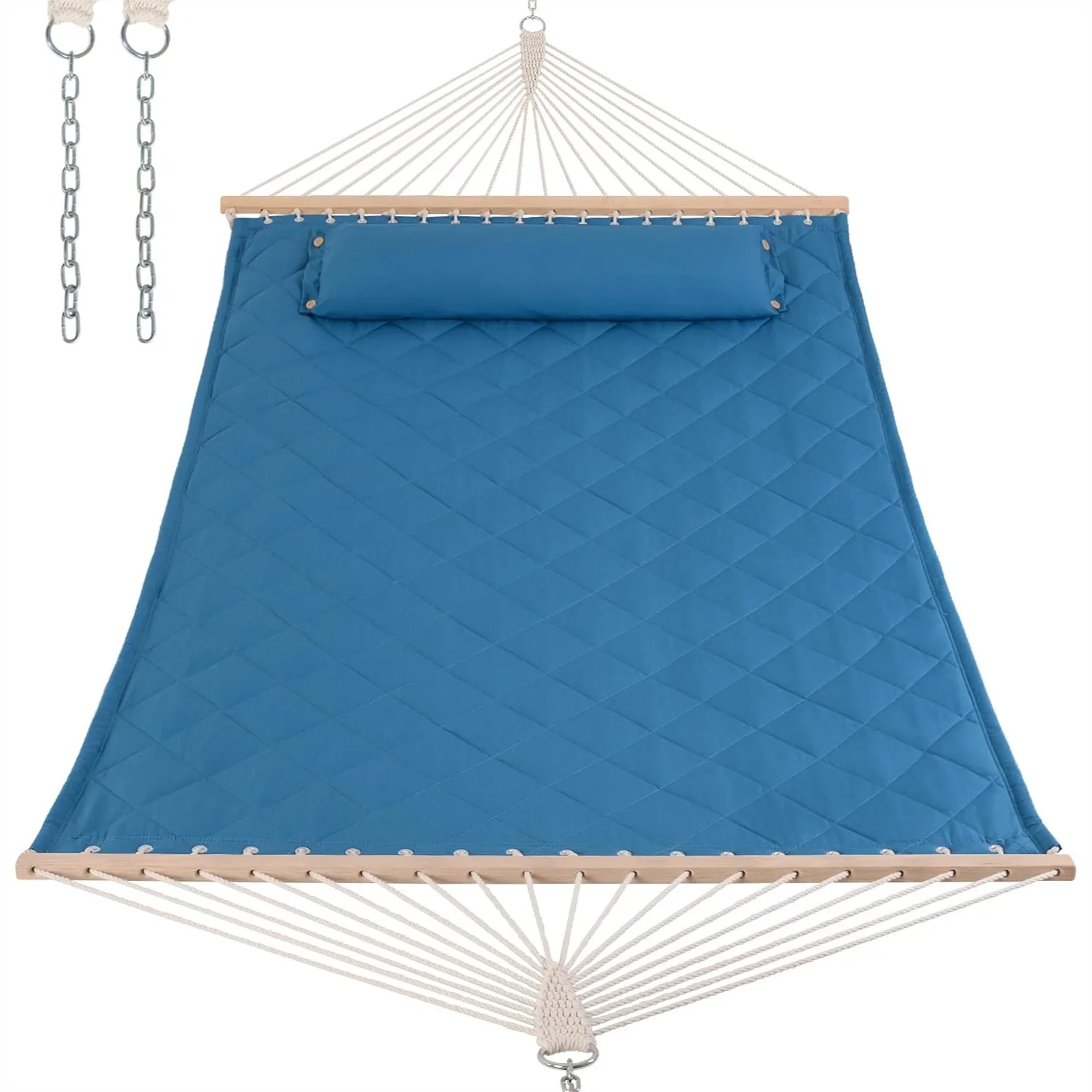 Quilted Hammock with Spreader Bars and Detachable Pillow, Large Outdoor Indoor Hammock for 2 Persons, 450 LBS Capacity, Blue