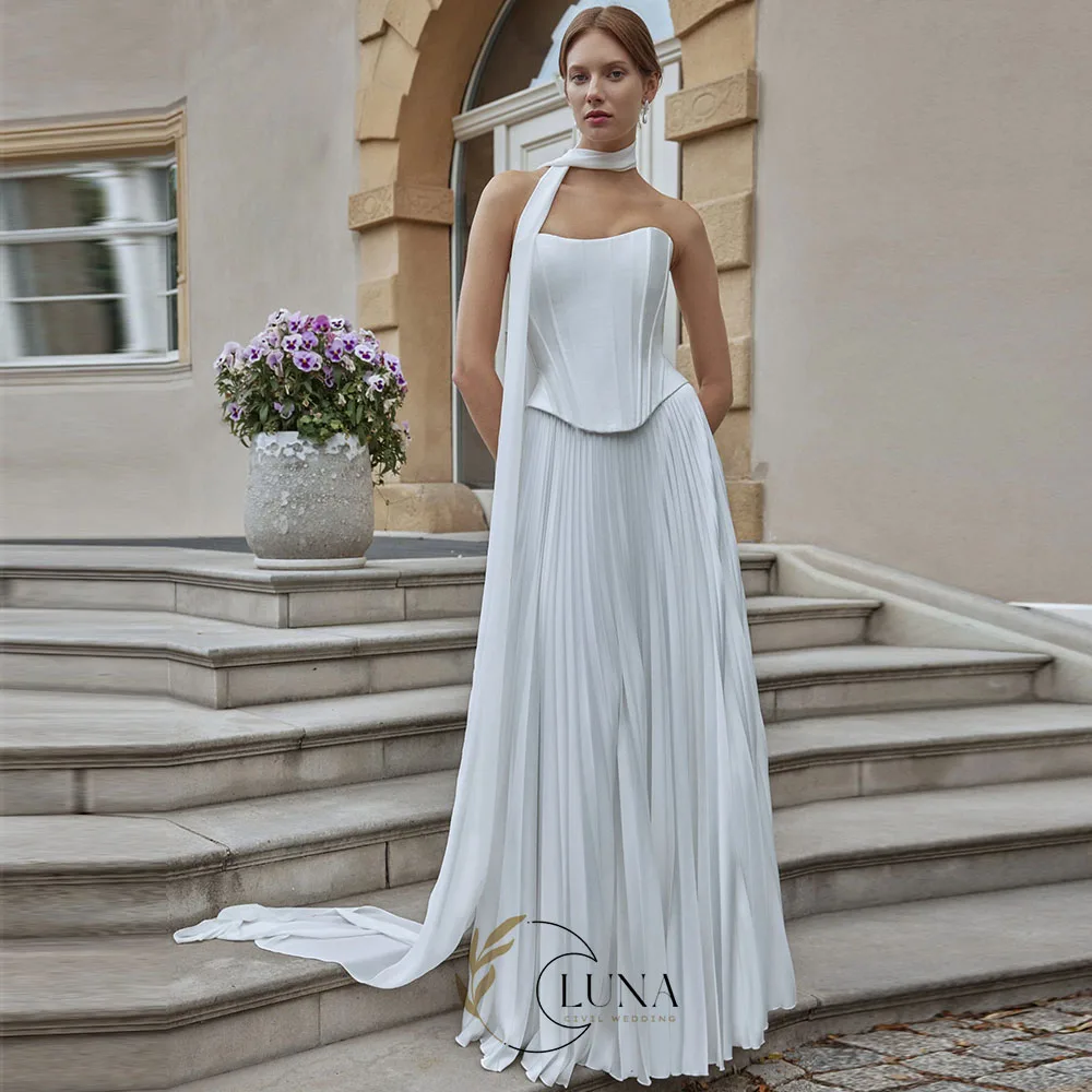 Luna Customized Pleated Satin Wedding Dress Sleeveless Corset Back Formal Evening Gown Bridal Gown with Scarf Prom Dresses