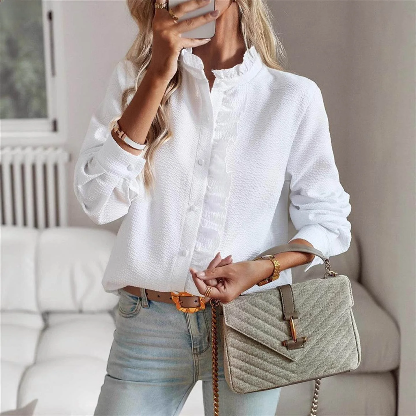 

Spicy Girl Women's Long Sleeve Blouse Spring New Style European Style Bubble Sleeve Shirt Cardigan Lace Trim Female Top