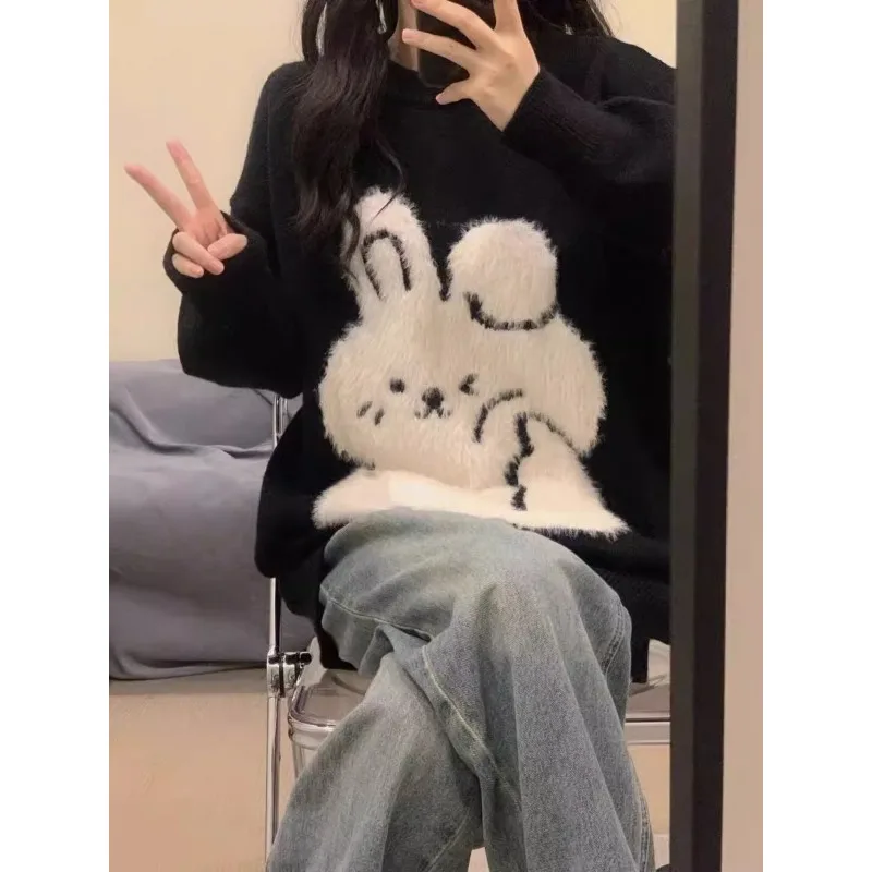 Lazy Style Women Autumn Winter Rabbit Pattern Pullover Sweater Loose Long Sleeve Knit Top