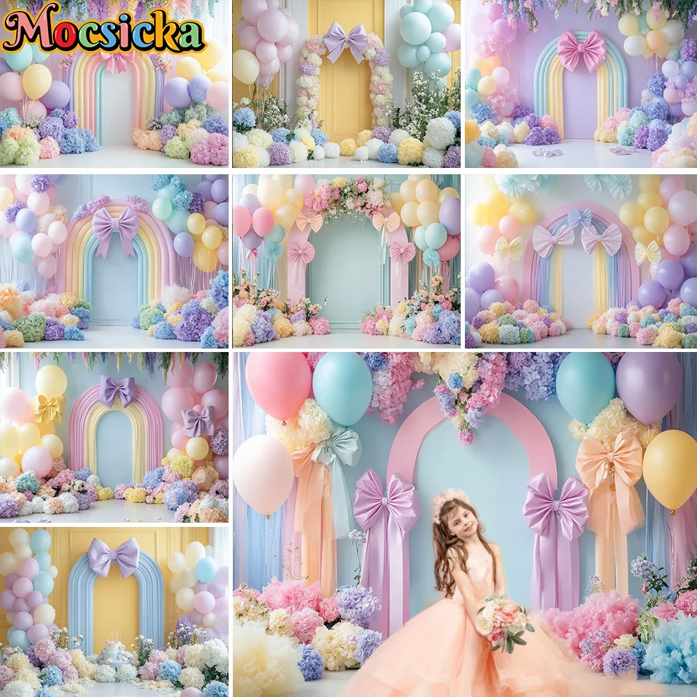 

Mocsicka Wedding Birthday Party Backdrop Photography Colourful Balloon Floral Arch Bow Wall Background Kid Girl Photo Studio