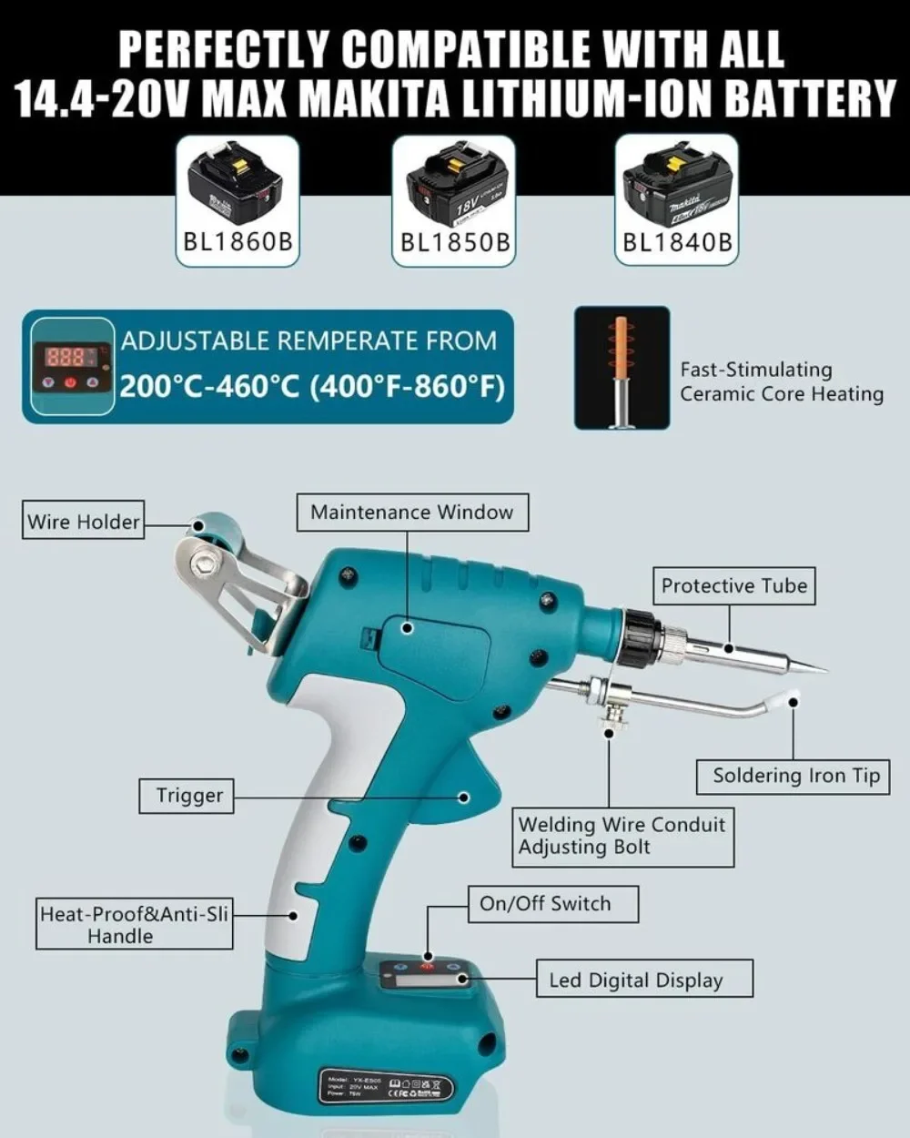 Cordless Soldering Iron Kit for Makita 18v Battery 75W LED Digital Solder Iron Soldering Gun with 5pcs Tips