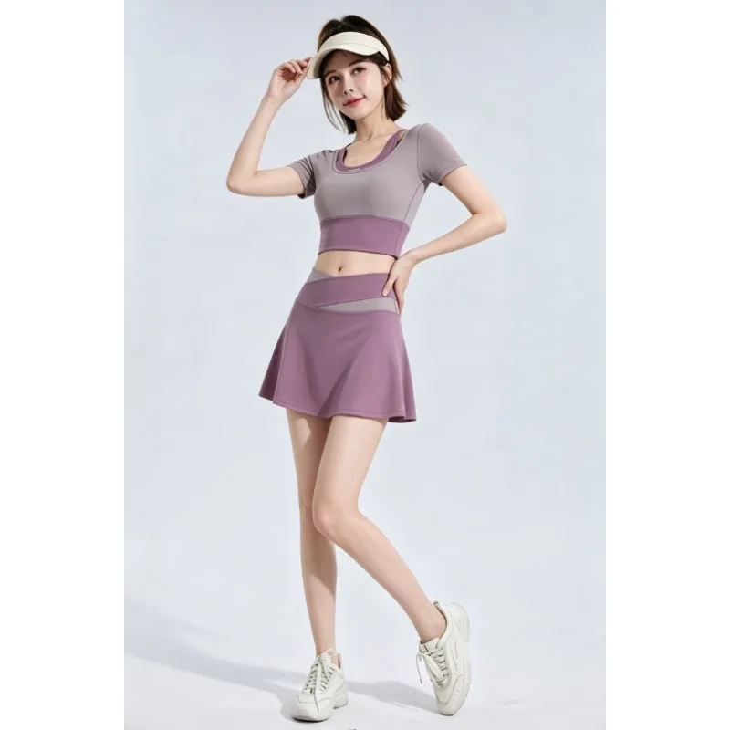 Women Fake Two Piece Color Block U Neck Crop Sports Top Crisscross Waist Built-in Shorts Tennis Skort Set Casual Streetwear