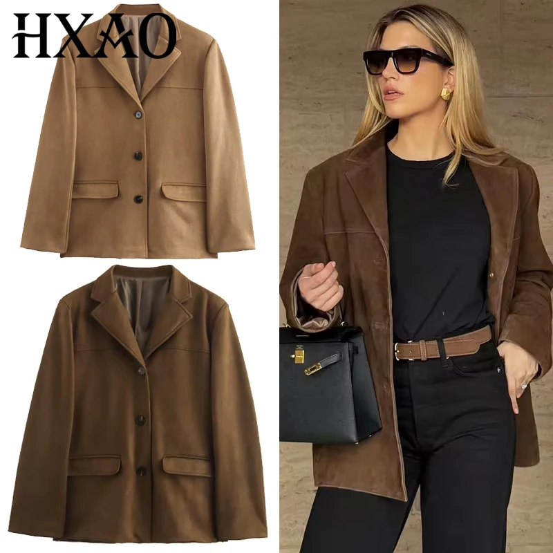 HXAO 2025 Women's Blazer Suede Jacket Outerwears Spring Brown Fitted Long Sleeve Blazer Vintage Solid Coat High Quality Blazers