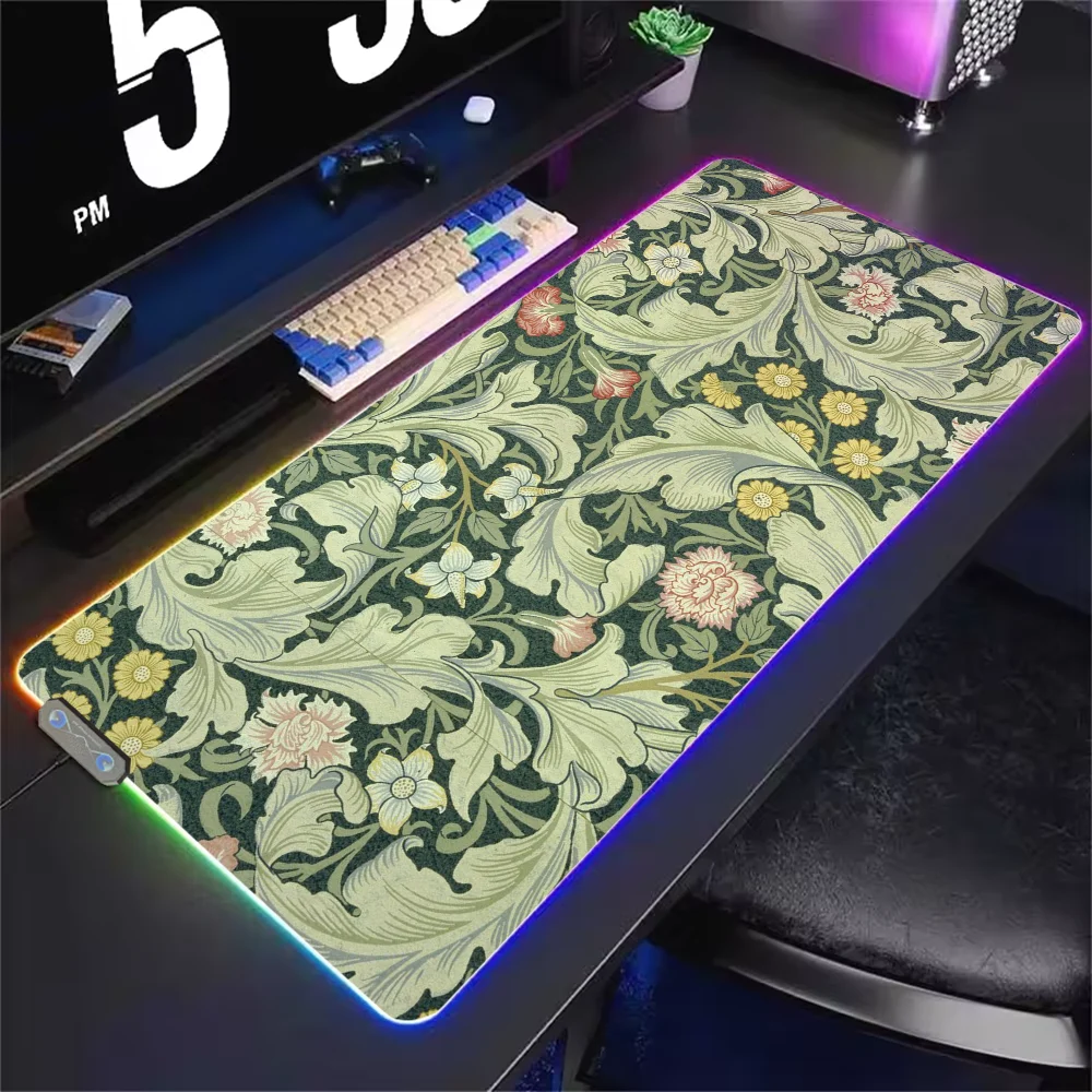 Art W-William Morris Luxury S Mouse Pad RGB LED Light Non-Slip Rubber Base Waterproof Office PC Home Best Price Desk-Mat USB Lar