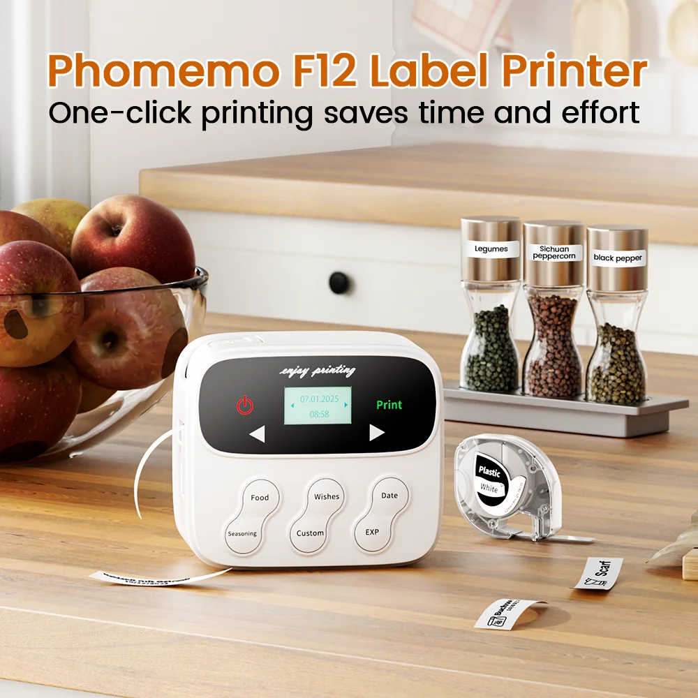 Phomemo F12 Handheld Label Makers Backlit-LCD Screen One-Click Print Date with Magnetic Ribbon Printer Machine