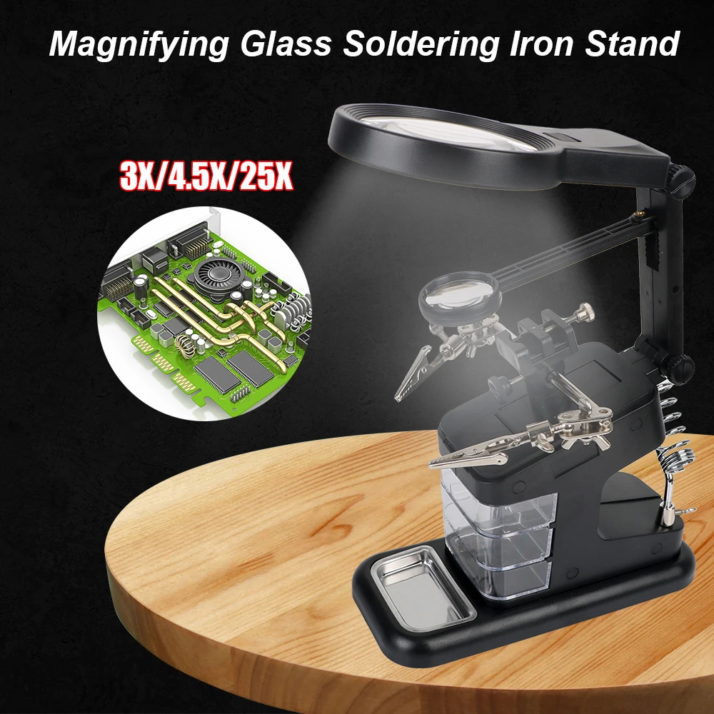 

3 Hand DIY Soldering Iron Stand Welding Tool With 3X/4.5X/25X Magnifying Glass Illuminated LED Alligator Clip Holder