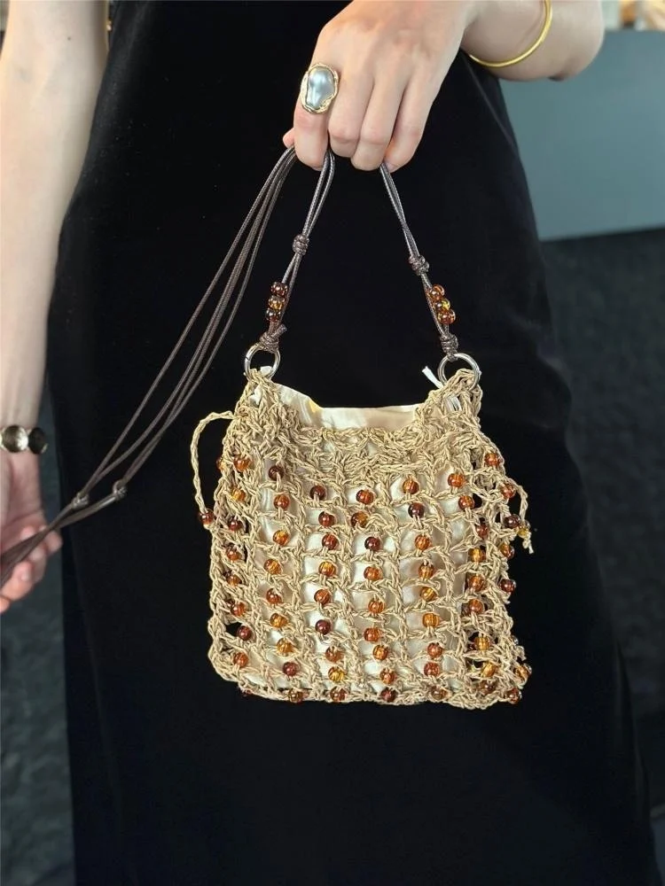 Summer Style Pearl Woven Crossbody Bag Women Knitting Hollow Out Design Straw Beach Bag Leisure Fresh Single Shoulder Bag