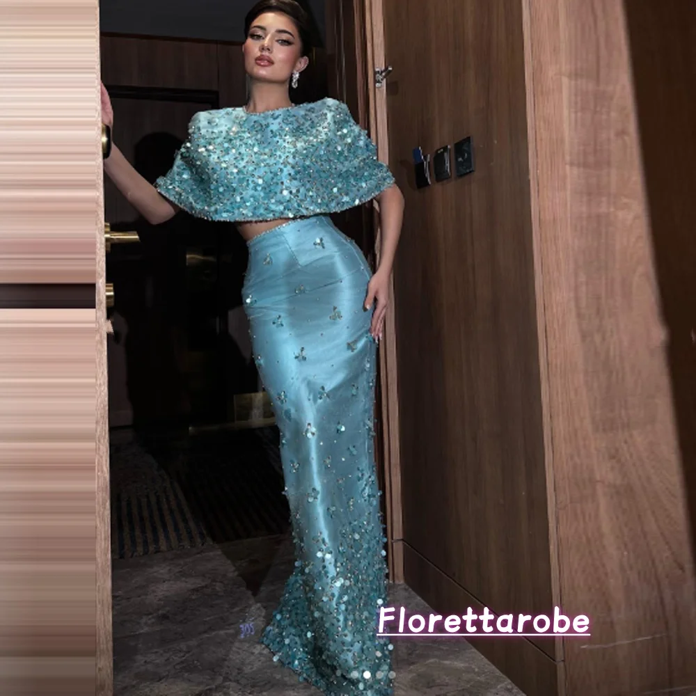 Florettarobe Sparkly Beads Satin Ruched Clubbing Two-Piece Set Long Seleeves Bespoke Occasion Gown Midi Dresses Customized