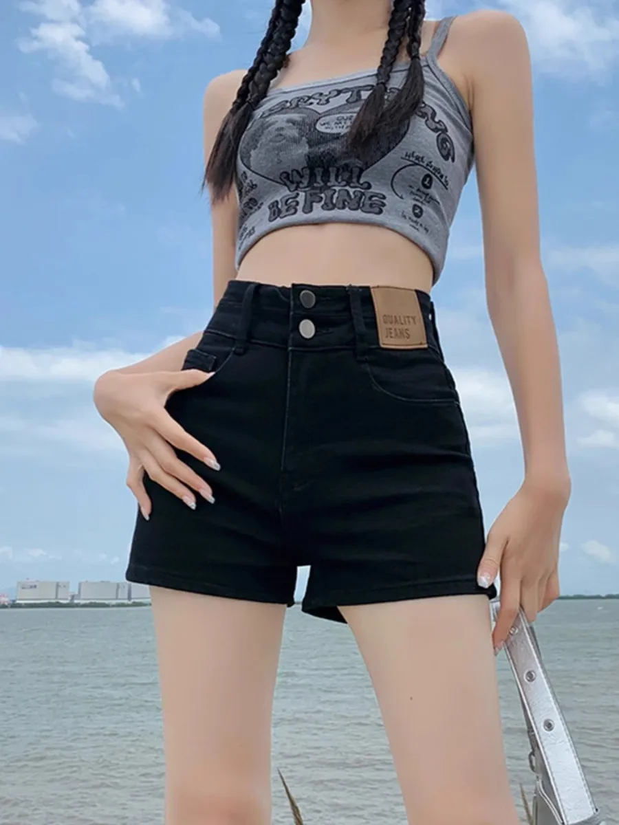 

High Waist Elastic plus Size Black Denim Shorts Women's Summer Thin A-Line Wide Leg Hot Pants Retro Style Four Seasons Universal