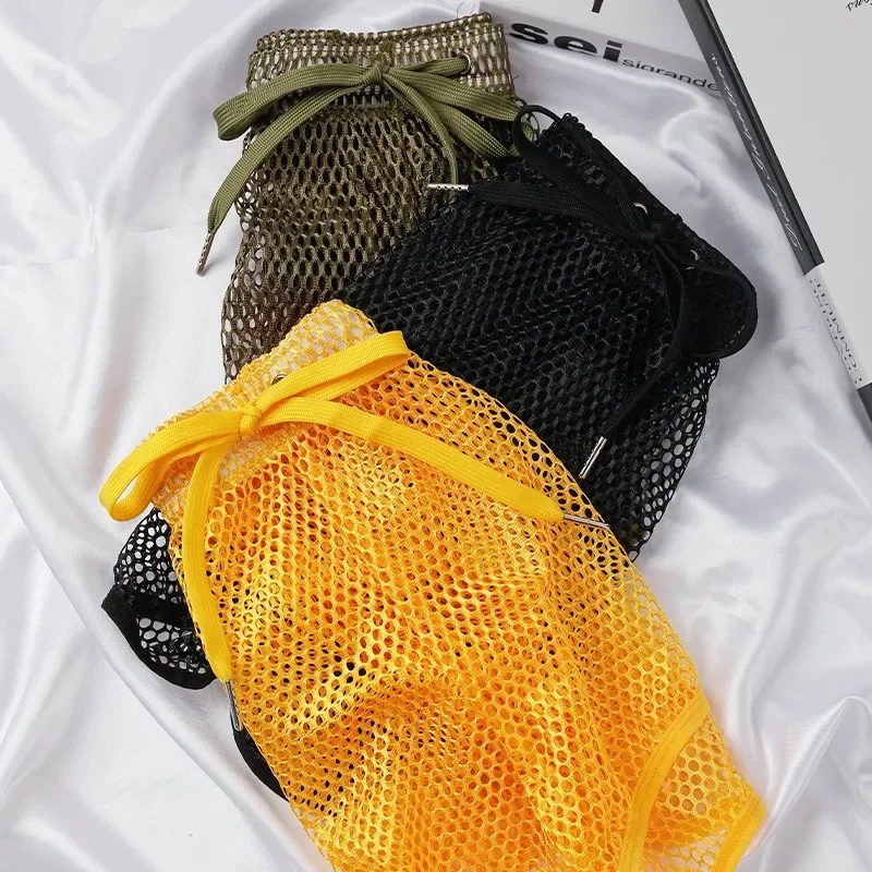 Summer Men's Mesh Hollow Shorts Fishnet Full Transparent Breathable  Sweatpants Daily Loose Homewear Youth Fashion Sports Trunks