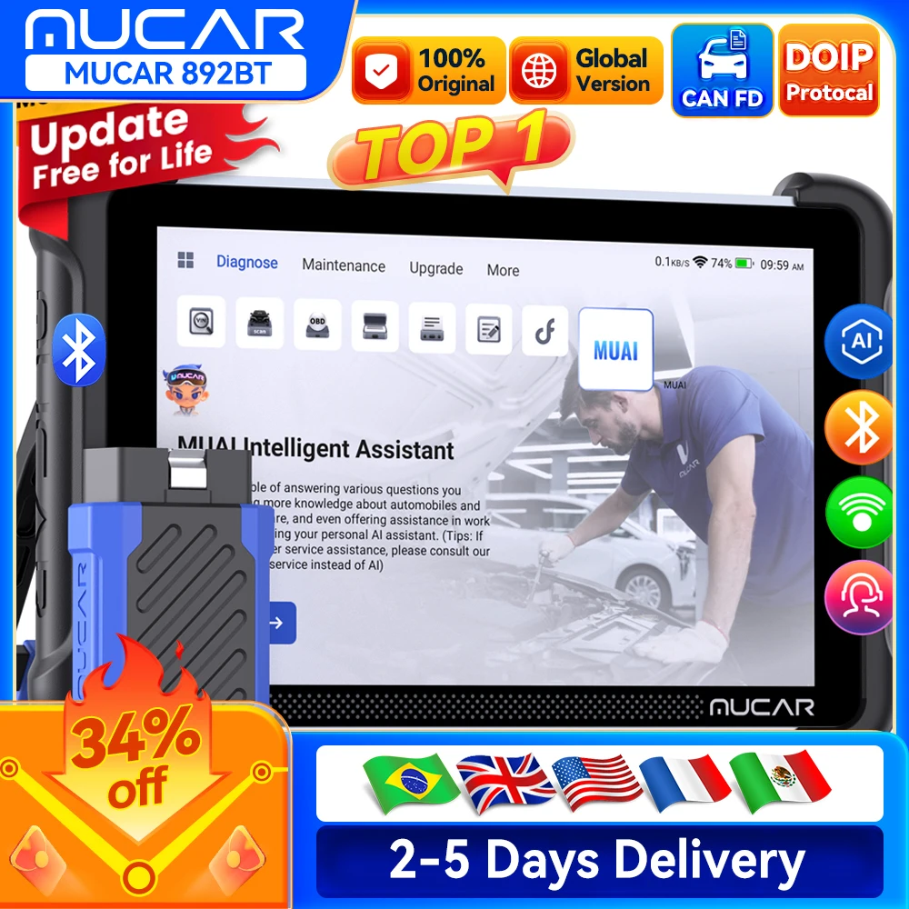 MUCAR 892BT Scanner OBD2 Strumento diagnostico CANFD e DOIP Aggiornamento gratuito a vita Sistema completo bidirezionale 34 Reset Codifica ECU 64 GB